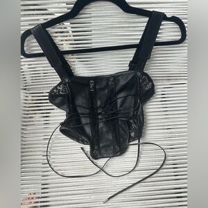 Maniere de Voir black lace leather corset top